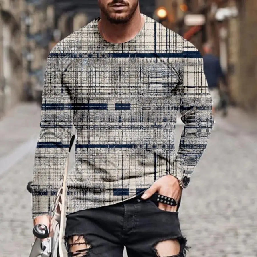 Men Abstract Marble Graffiti Plaid USA Flag Club Pattern Crew Neck Long Sleeve Casual T-shirt