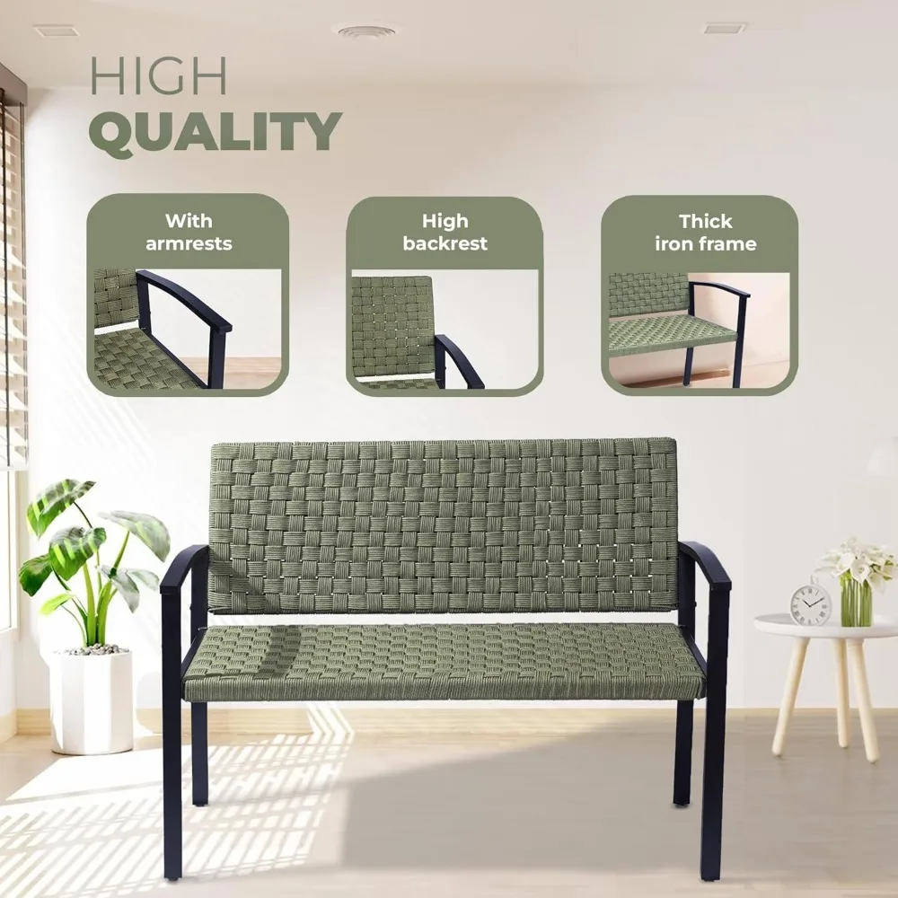 Outdoor Bench with High Back and Arms, Wood Bench Outdoor, Rustic Legs with PE Wicker Seat, All-Weather Outdoor Benches