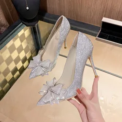 Heels Shoes Women Pumps Pointed Toe Bow Knot Slip On Wedding Sandals Fashion Thin High Heels Solid Bride Shoes 41 42 Sizes