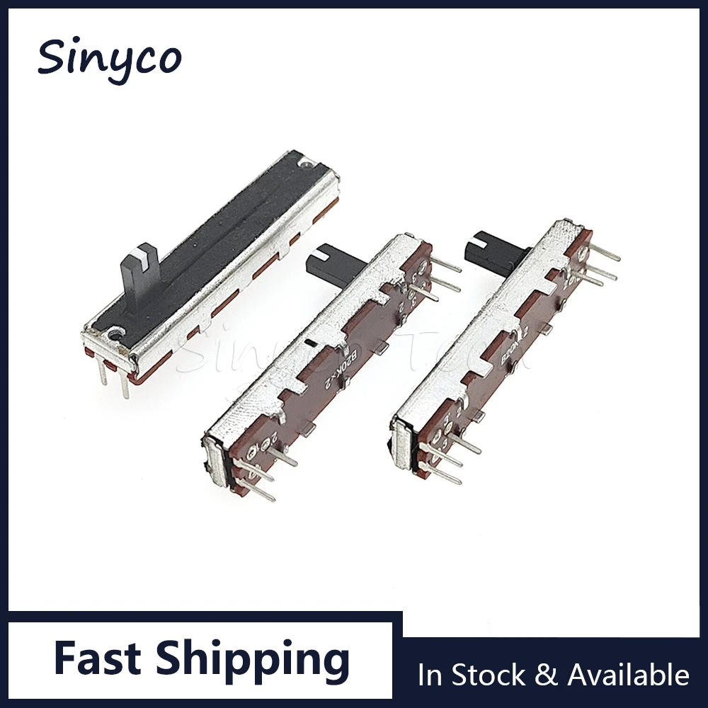 1PCS SL302G 45MM Straight Slide Potentiometer B20K With Midpoint Double Mixer Fader B20Kx2 6Pins Handle Length 15mm White Point