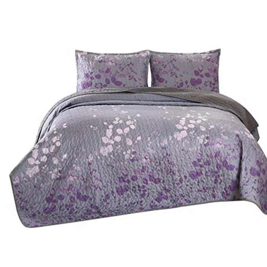 

Комплект из 3 предметов: стеганое покрывало-плед с изысканным принтом, 100x95 дюймов, для кровати размера Queen (темно-серый с фиолетовым градиентом и узором в виде лозы)
