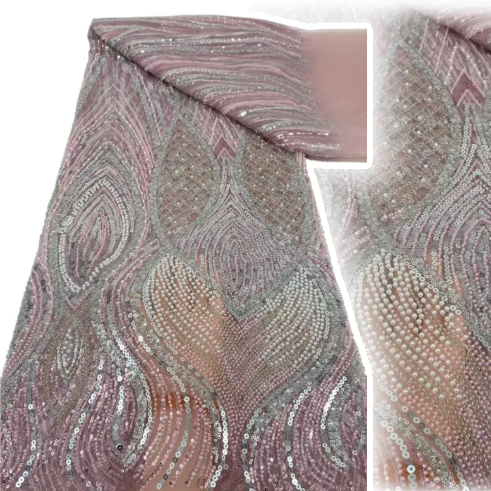 

Розовая французская сетчатая кружевная ткань 2025 Высококачественная африканская сетчатая кружевная ткань с вышивкой блестками для свадьбы 5 ярдов CC1266