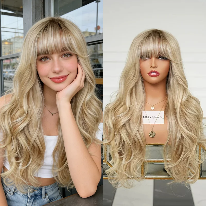 Light Golden blonde with blonde roots Synthetic Lace Front Wigs with Bangs Loose Wave 13x4 Natural Realistic Look Finge Hair