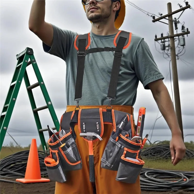 【A87T】Heavy Duty Tool Belt Utility Toolbelt Adjustable Waist Holder With Suspenders,19 Pockets For Electrician Plumbing Repair