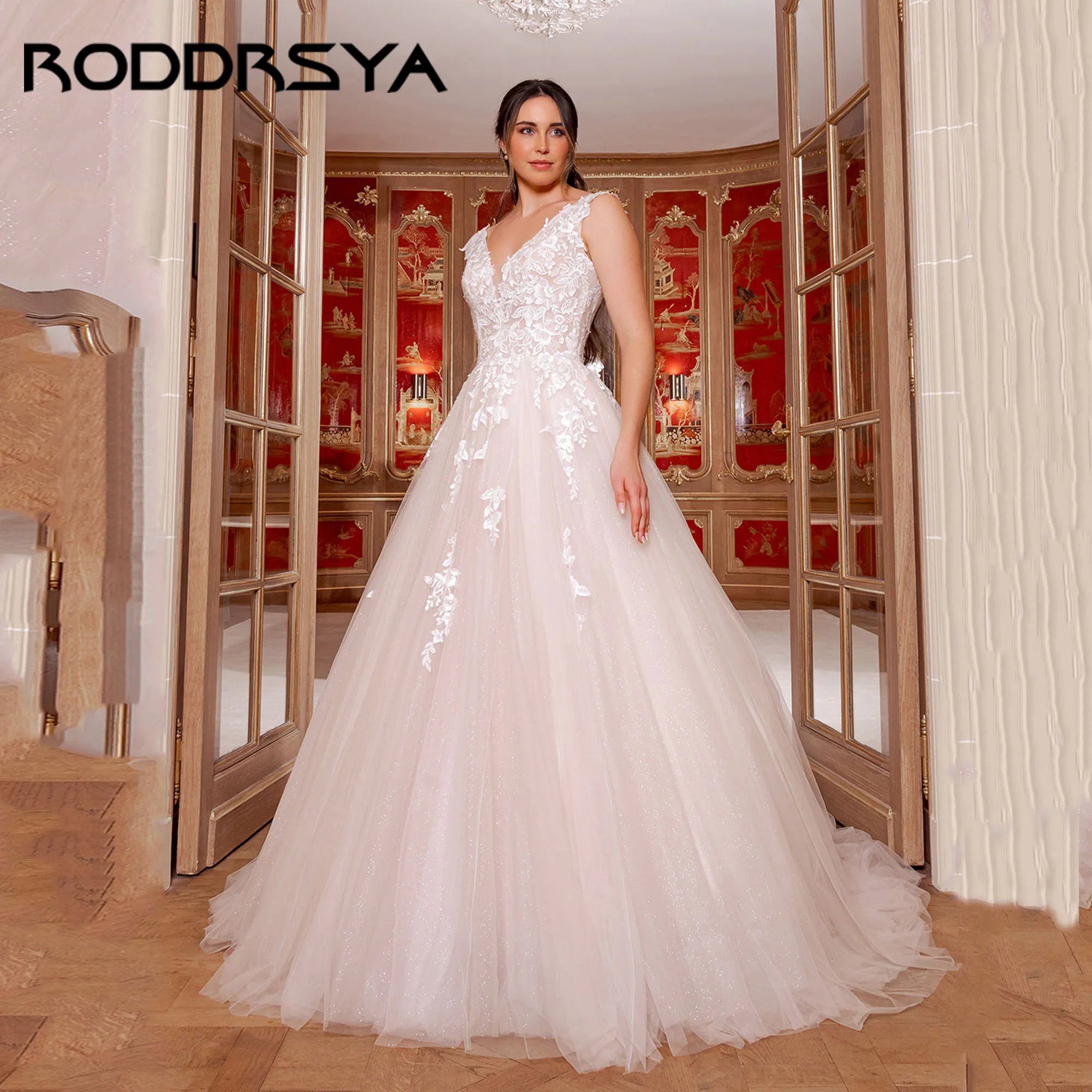 

RODDRSYA V-Neck Backless Wedding Dress A-Line Sleeveless Princess Bridal Gown Lace Appliques Tulle vestidos de novia Customized