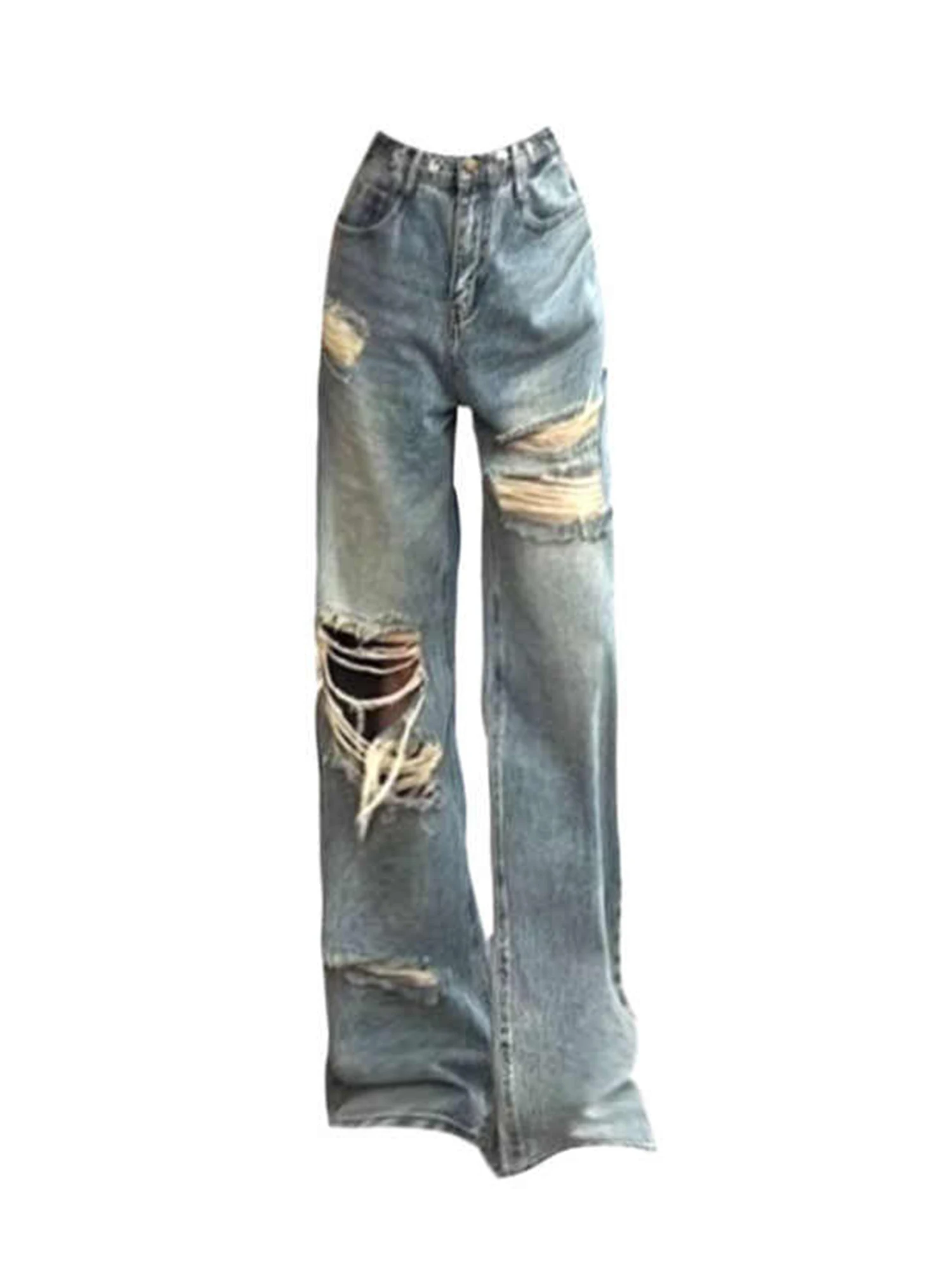 

Women's Blue Y2k Baggy Ripped Jeans Harajuku Vintage Denim Trousers Japanese 2000s Style Grunge Hip Hop Jeans Pants Clothes 2025