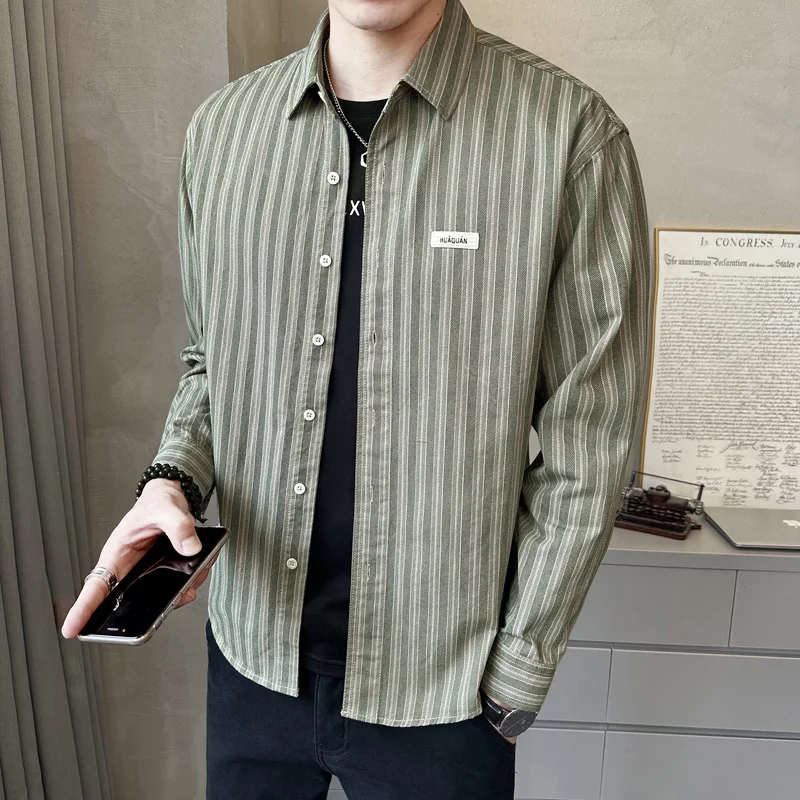 

Trendy Men's Long Sve Striped irt Versatile Simple Faionable Autumn 2025 Korean Sle Stand Fit Youth ular Cotton