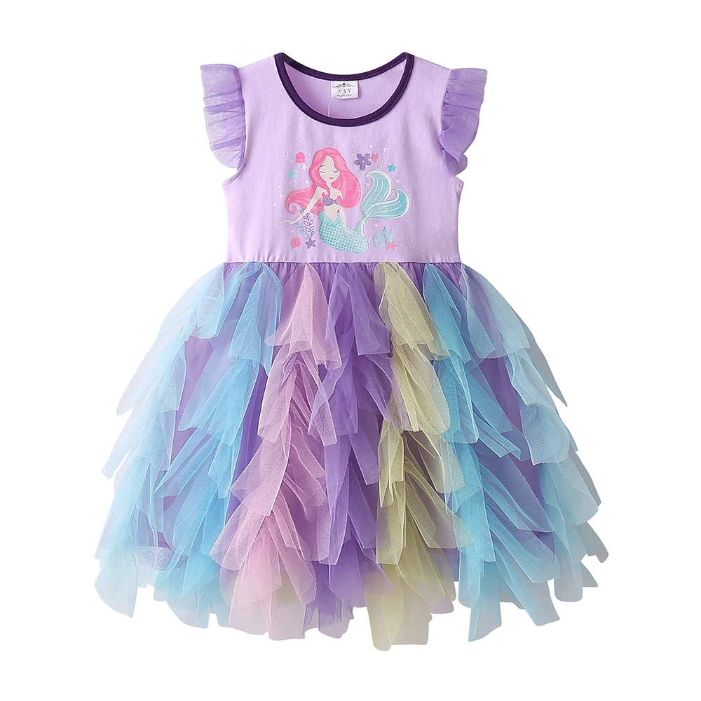DXTON Princess Mermaid Dresses Ruffled Girls Tutu Dress Layered Mesh Summer Kids Girls Birthday Gift Children Vacation Clothes