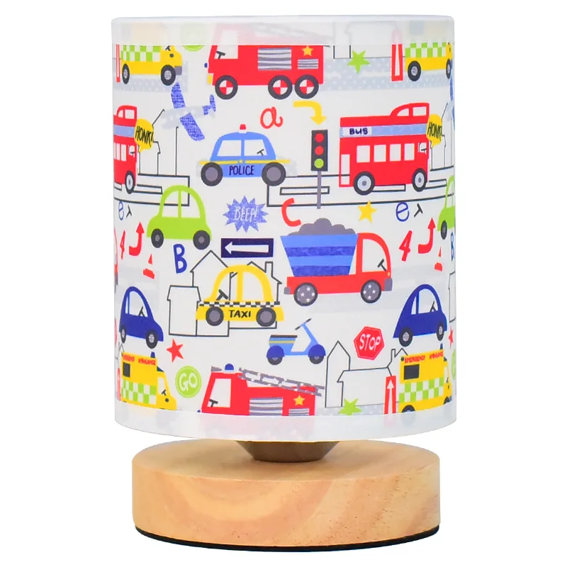 Bedlampje Cartoon Oplaadbare Nachtverlichting Kinderkamer Tafellampen Massief Houten Stof Verlichting Decoratie