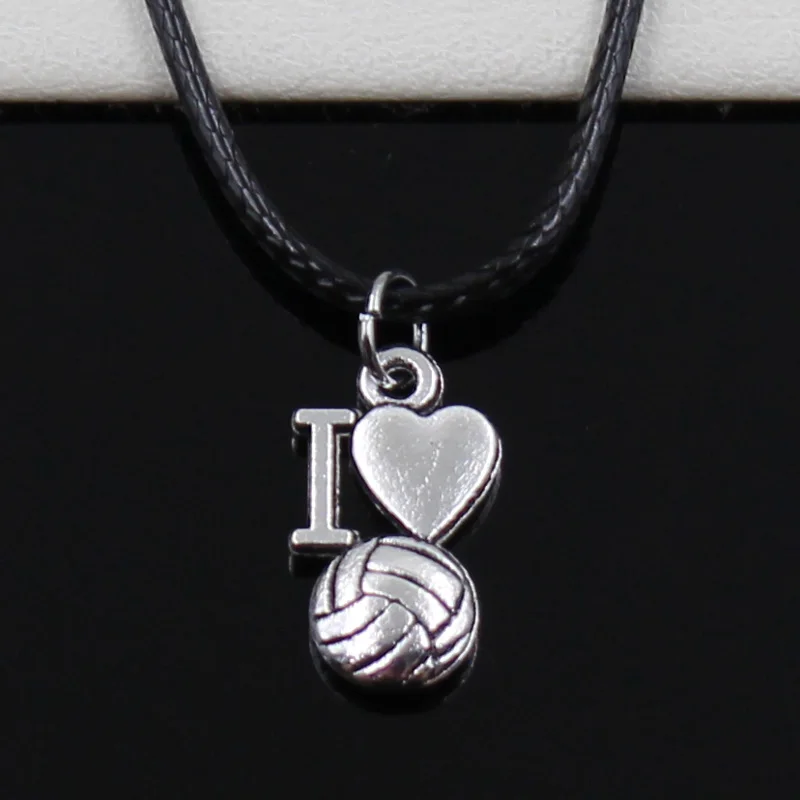 New Fashion Tibetan Silver Color Pendant I Love Volleyball Necklace Choker Black Leather Cord Factory Price Handmade Jewelry