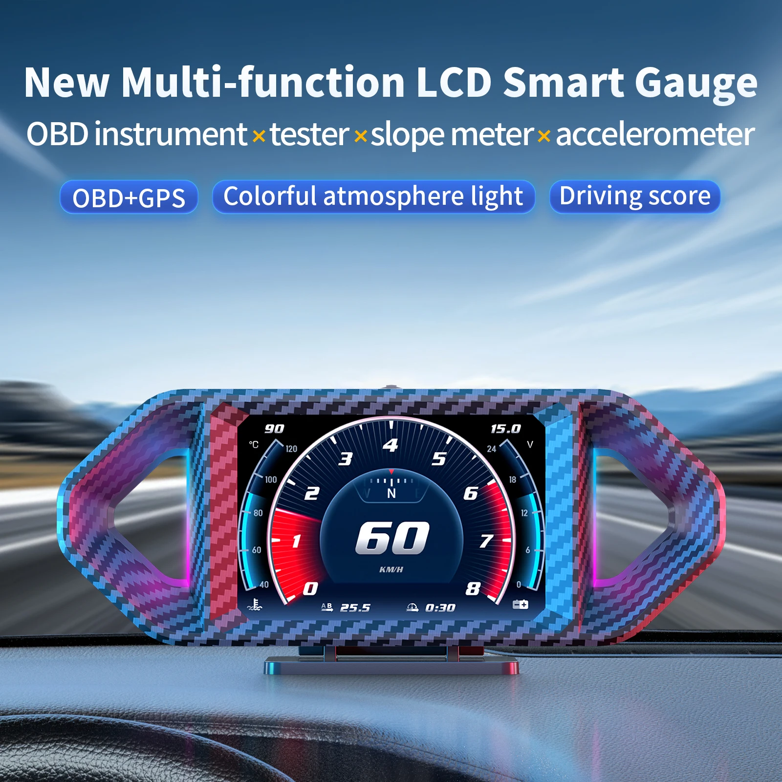 ใหม่OBD + GPS HUD P26/P24/P3/P4 LCDสมาร์ทEOBD Head Up Display Electronics inclinometro 4X4 Slope Digital Speedometer Tempe Gauge