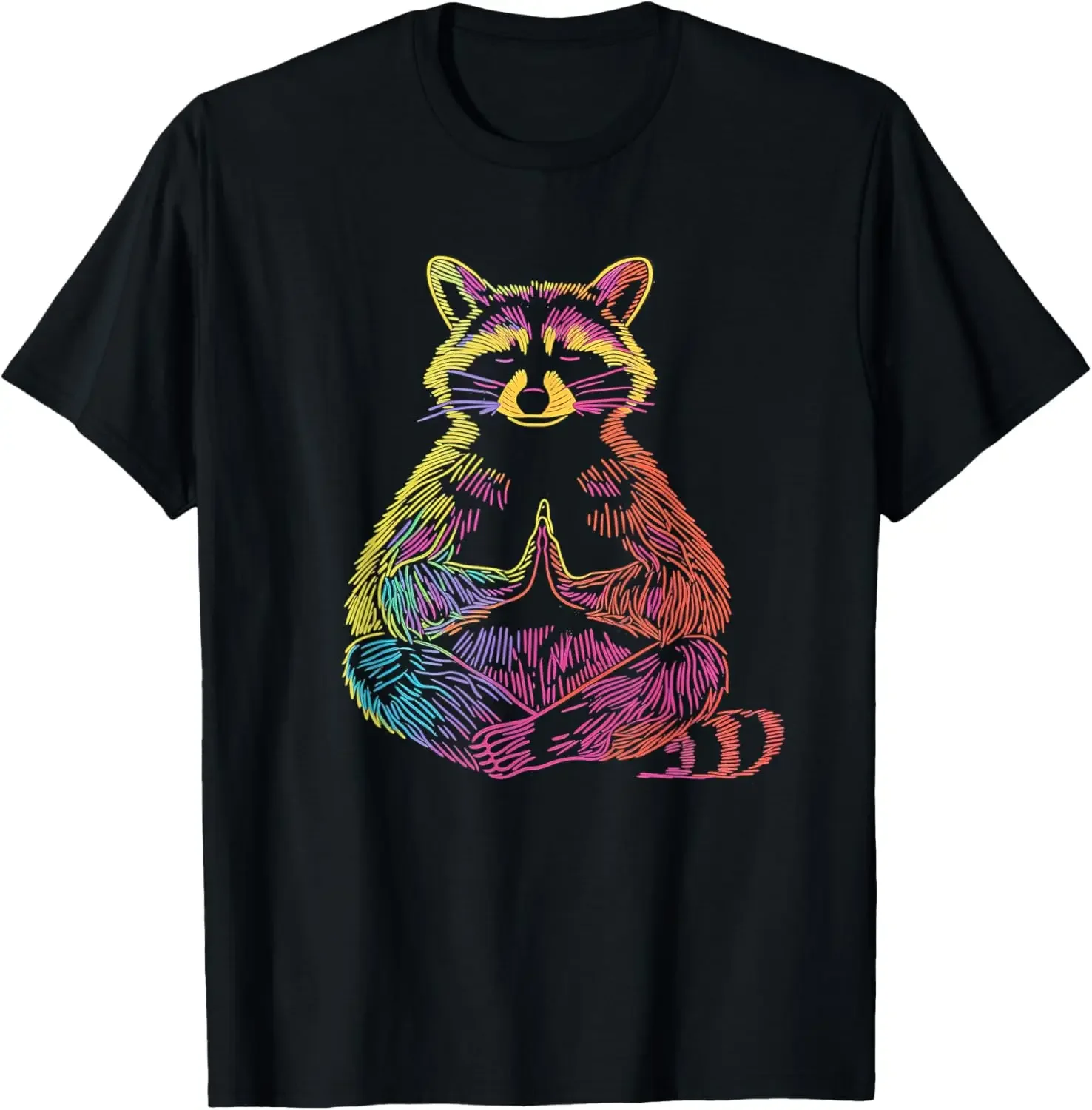 

Meditating Raccoon Yoga Zen Rainbow Line Art Graphic Tee Men Casual Trip T-Shirt