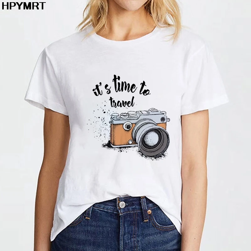 Summer Tops T Shirt Women Tshirt Fashion O-neck Tshirt it's time to travel camera Graphic Tee Cute Woman T-shirt Tops Female Tee