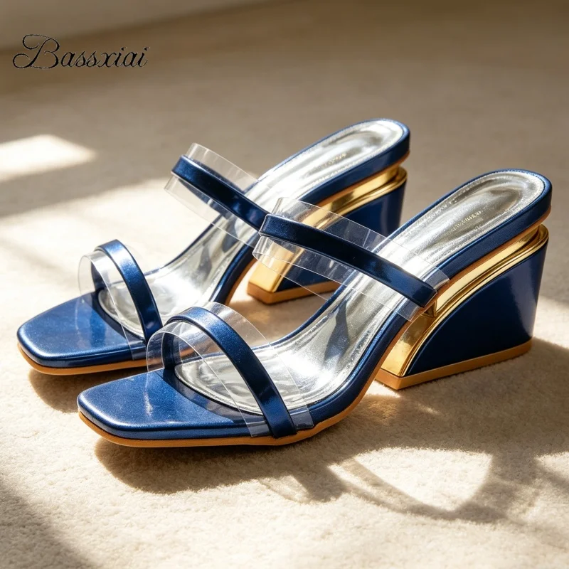 Women's Summer Outwear Sandals Unique Wedges High Heel One-Strap PVC Transparent Slim Mules For Girls
