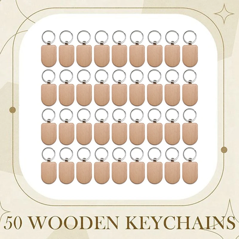 50 Pieces Blank Wooden Key Tag Key Engraving Blanks Unfinished Wood Keychain Key Ring Key Tags For DIY Crafts Style 7