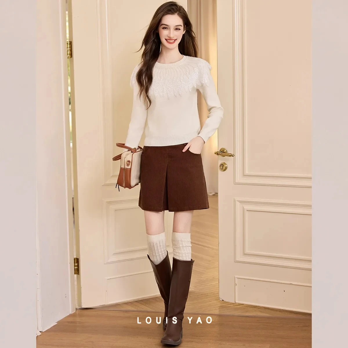 

LOUIS YAO, бежевый женский свитер в женском стиле, осень/зима 2022, слегка эластичный элегантный пуловер, трикотаж, кружевной свитер с бисером