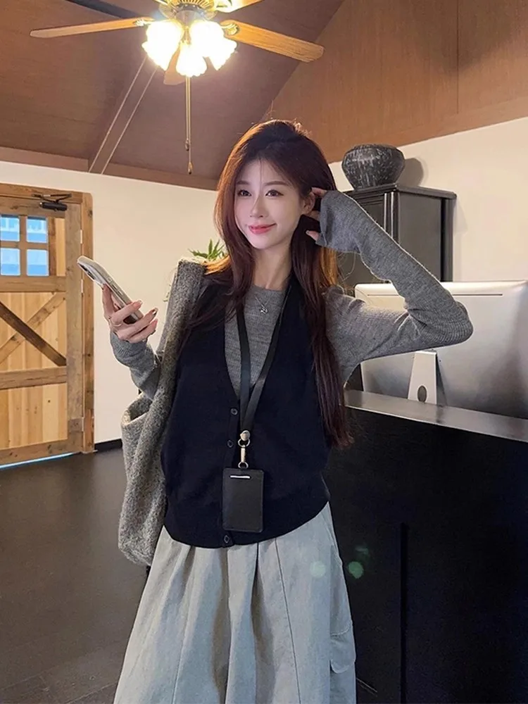 

Loose Fit Three Piece Set Women's plus Size Long Sleeve Top Neck Hanging Vest Wide Leg Pants Casual Style Autumn Fashion