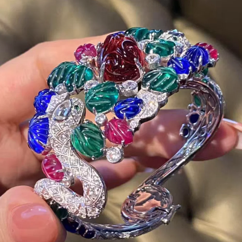 KQDANCE 17cm Luxury 925 Silver Red Corundum Green Blue Engraved Gemstone Fruit Style Bangle Bracelet Women Fine Jewelry Gift