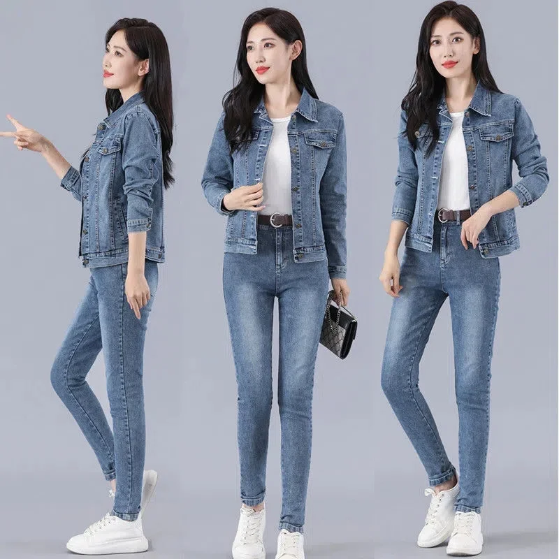 2023 Autumn New Jeans Suit Women Small Foot Pants Two-piece Korean Casual Age-reducing Fashion High Waist slim Denim Female Sets