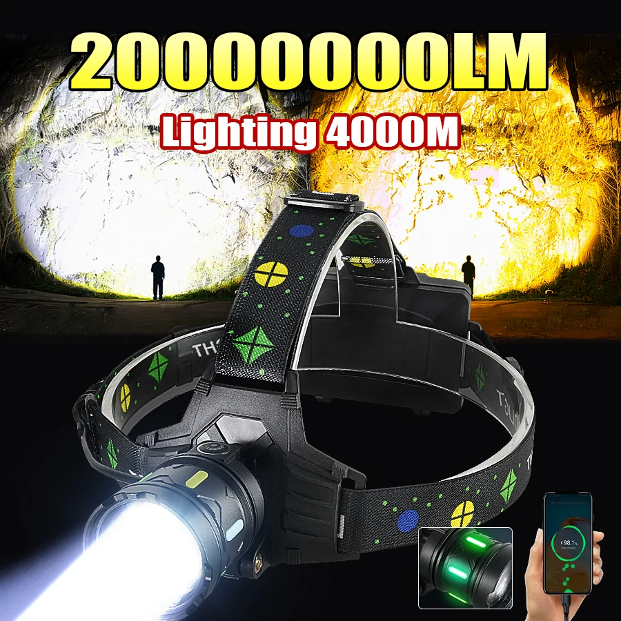 

20000000LM Мощная фара белого + желтого света, супер яркий фонарь для рыбалки, перезаряжаемый светодиодный передний фонарь, уличные фонари для кемпинга