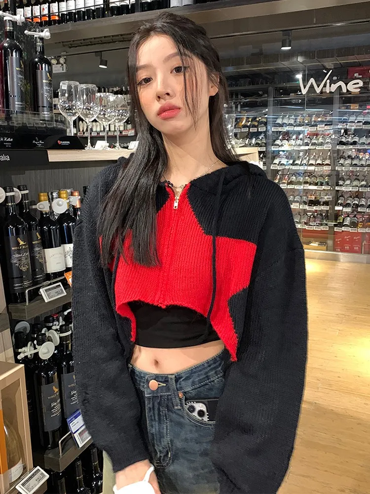 Tonngirls Y2k Retro Cardigan Women Patchwork Stars Sweater Vintage Knitted Cropped Hooded Sweater Streetwear Cashmere Cardigan