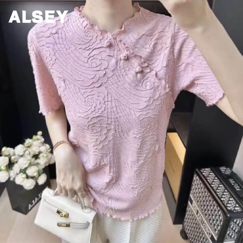 

ALSEY Miyake Pleated Heavy Work Embroidery T-shirt for Women Fashion Versatile Short Sleeve Cheongsam Collar V-Neck Tops