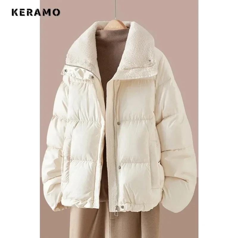 2024 Winter American Retro Style Zipper Parkas Warm Thick Solid Jacket For Women Casual Outerwear Vintage Fashion Baggy Coat