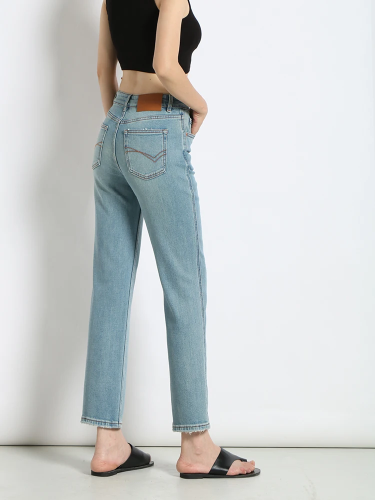 

Эластичные узкие прямые джинсы с высокой талией, женские летние высокие брюки с девятью точками и трубкой, маленькие брюки с микро-грушей, французские хлебные брюки