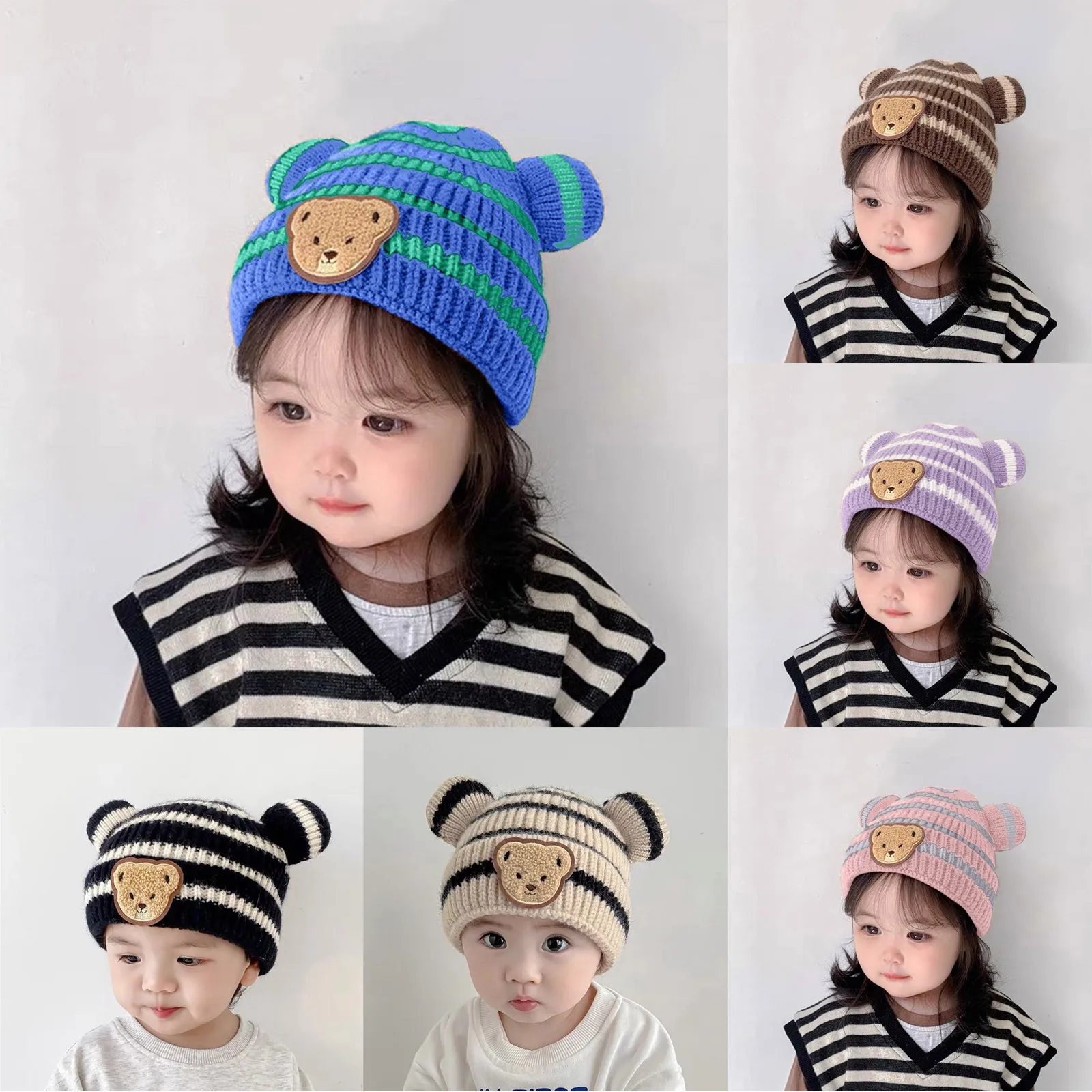 

Kids Cartoon Pattern Little Bear Ears Baby Newborn Knitting Autumn Winter Children Hats Keep Warm Cap Christmas Accessories Gift