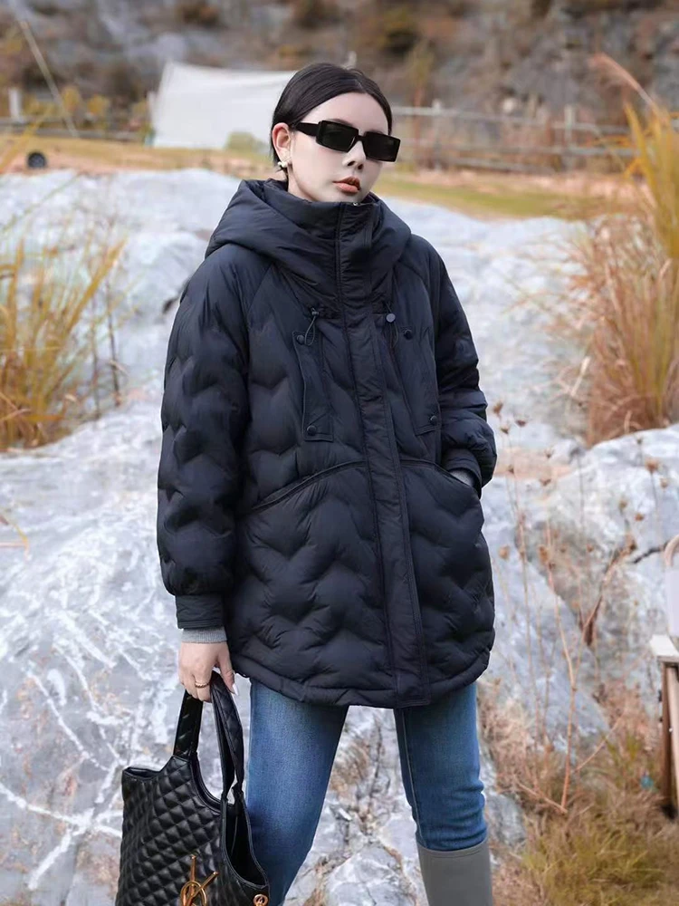 

Winter Solid Hooded Mid Length Warm Down Jacket Female Loose Puff Jacket Women White Duck Down Zipper Big Pocket Parker Outwears