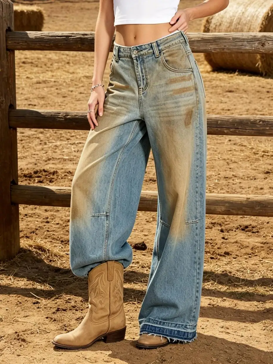 【HME】Jeans | Women Yellow-Brown Gradient Dirty Dye Denim Pants, High Waist Wide Leg Floor-Length Denim Jeans, Knee Split Stitching + Double Frayed Hem, Distressed Wasteland Vintage Wash, Draped Loose Slimming, American Street Vintage Style Versatile Pants