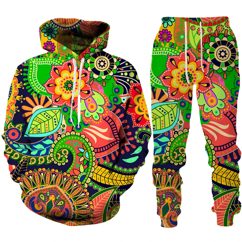 

Men's two-piece hoodie set colorful cashew flower sportswear paisley 3D print hoodie and pants set fashionable couple sportswear