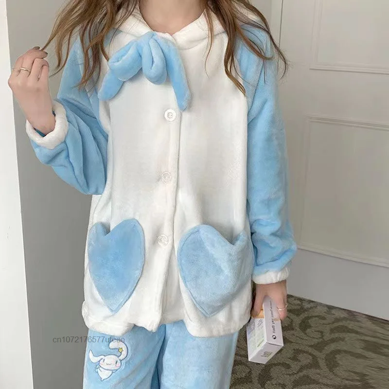 Sanrio Cinnamoroll Plush Cotton Cute Hooded 2 Pcs Pajamas Sets Y2k Sweet Cartoon Oversize Casual Pyjamas Women Winter Home Set