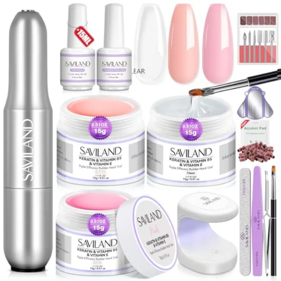 Builder Gel Nail Kit with Nail Drill - 3 Pcs Hard Gels for Nails VEandVB5andKerain Clear Pink Nudes Builder Gel with Lamp Brush