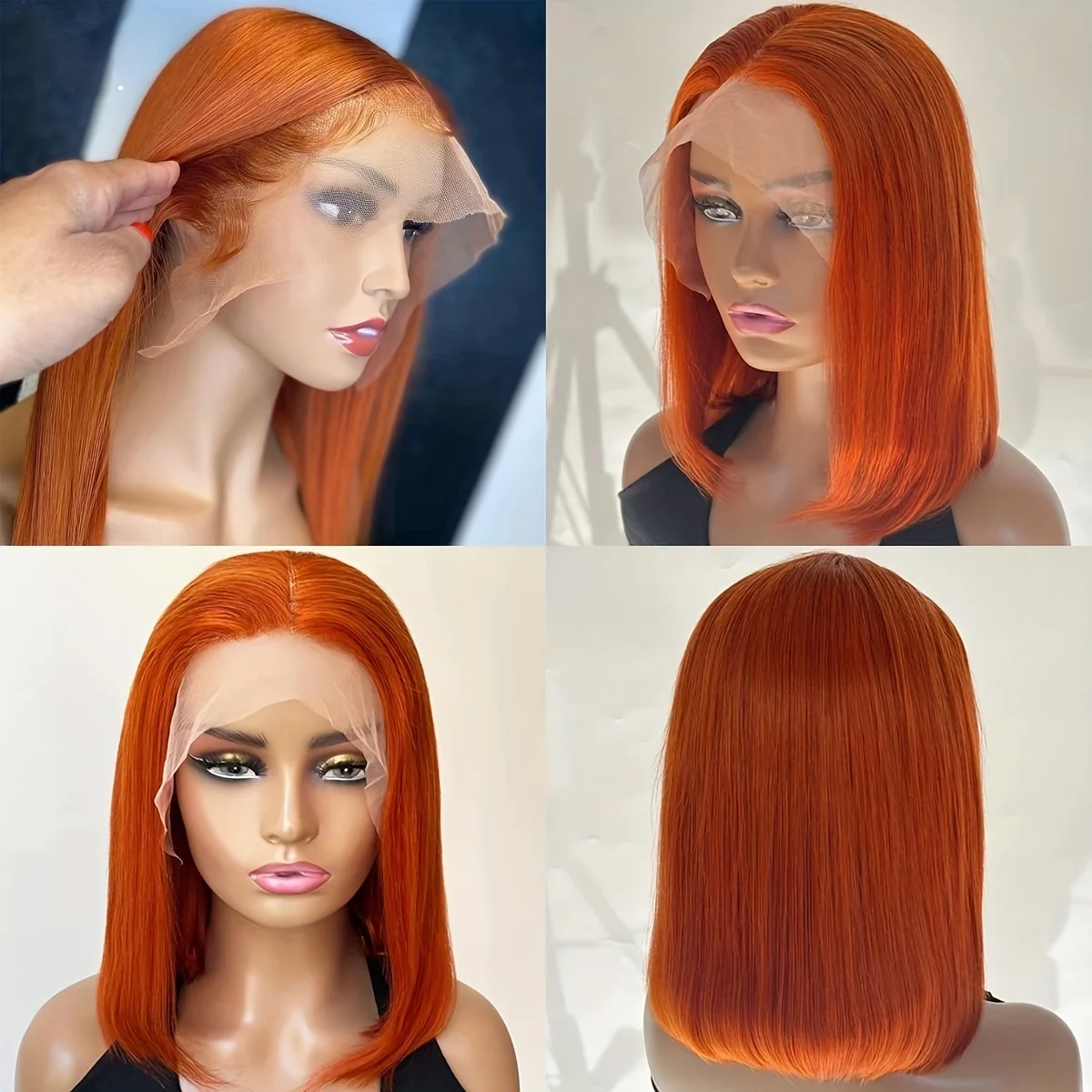 Gember Oranje Bob Pruik Echt haar 13x4 Rechte Kanten Voorkant Pruiken Echt haar Voorgeplukt 180% Haardichtheid 350 #   Gekleurde Bob Pruik