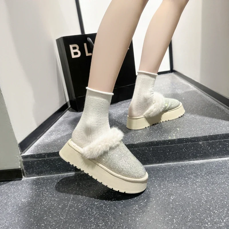 Luxe Dikke Bodem Katoenen Damesslippers Mode Volledige Diamant Platte Schoenen Designer Comfortabele Katoenen Schoenen pantuflas de mujer