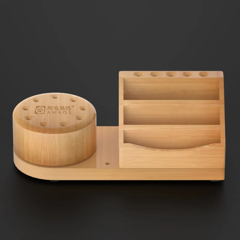 Amaoe 360° Rotating Storage Box Bamboo Wooden Organizing Holder Tweezers Screwdriver Steel Mesh Mobile Phone Organizer Tools