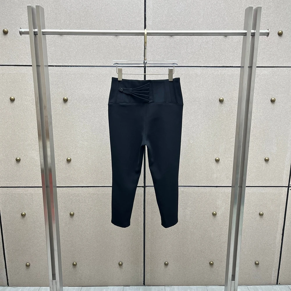 Women High Waist Button Front Cropped Pants Back Pleated Detail Slim Pencil Trousers Zipper Hem Elegant Office Casual Bottoms