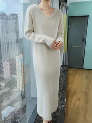 100%Pure Mink Cashmere Knitted Dress Ladies Hooded Collar Large Size Long Skirt Casual High Waist Hooded Skirts Autumn New Dress