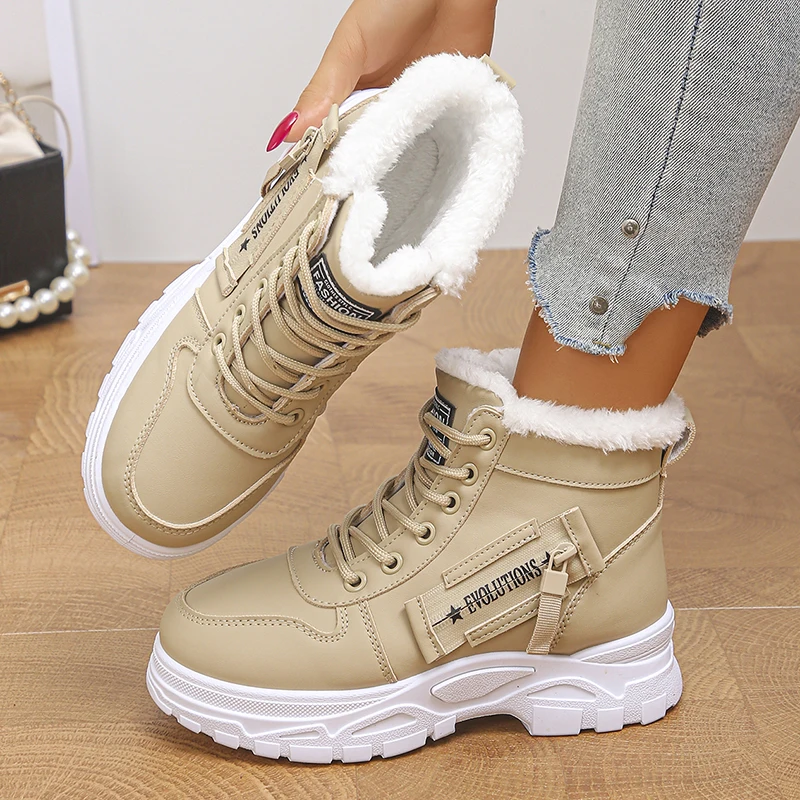 Plus Size 45 Long Plush Platform Snow Boots Women Lace Up Non Slip Warm Winter Sneakers Woman Thick Sole Cotton Padded Shoes