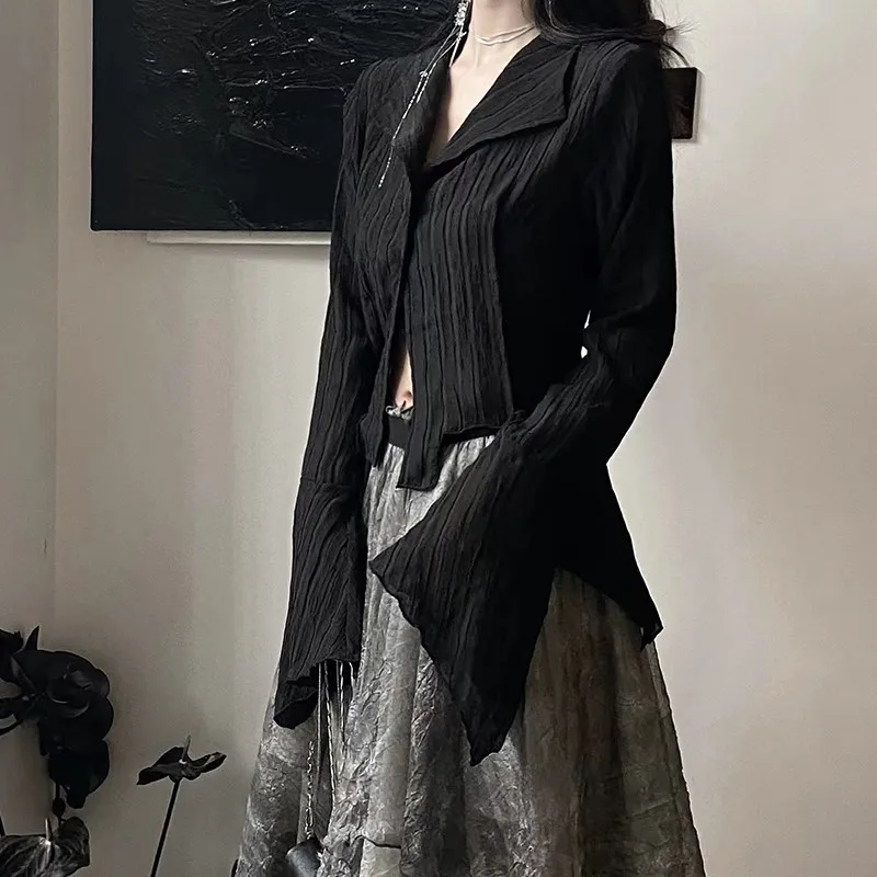 Gothic Black Shirt Women Dark Aesthetic Irregular Blouse Y2K Designer Style Alt Emo Grunge Tops view 3