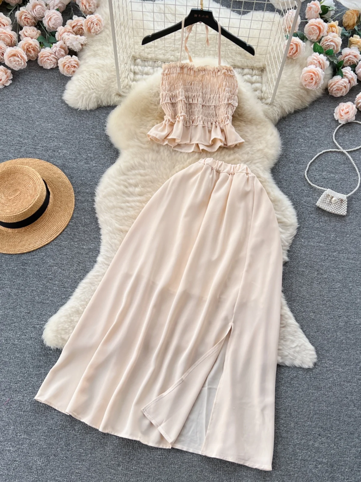 

Vaion Sle Women's Pure Desire Spicy Girl Pleated ter Top + Draped Waist f-length Skirt Chiffon Two-piece Set