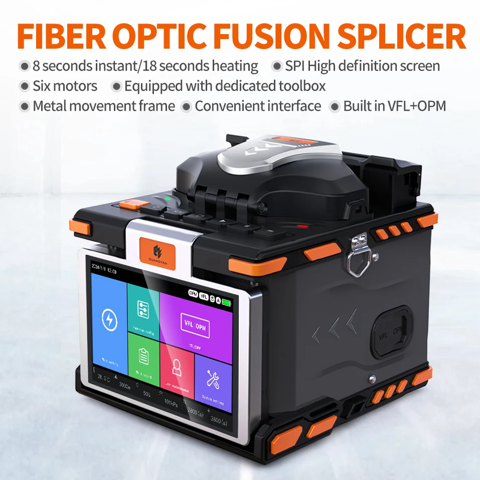 Ftth Fiber Optical Fusion Splicer 6 motors with Build in VFL OPM 18s Rapidly Heating SPI Touch Screen M5 Hot Weldig Machine