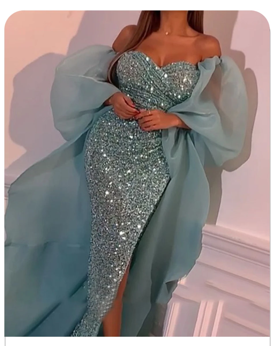 2023 Luxury Arabic Formal Evening Dress Off the Shoulder Sequined Organza Long Prom Party Gowns Saudi Arabia Robe De Soiree