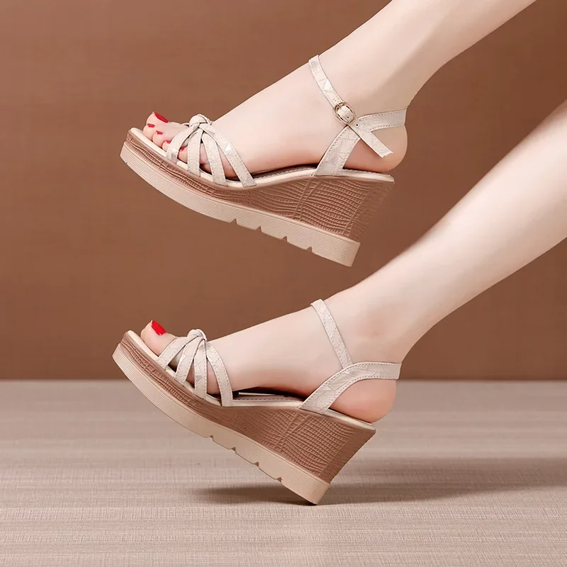 Small Size 32-43 Elegant Platform Wedges Shoes for Women Summer 2024 Office Beach Mom High Heels Sandals Soft Leather Shoe