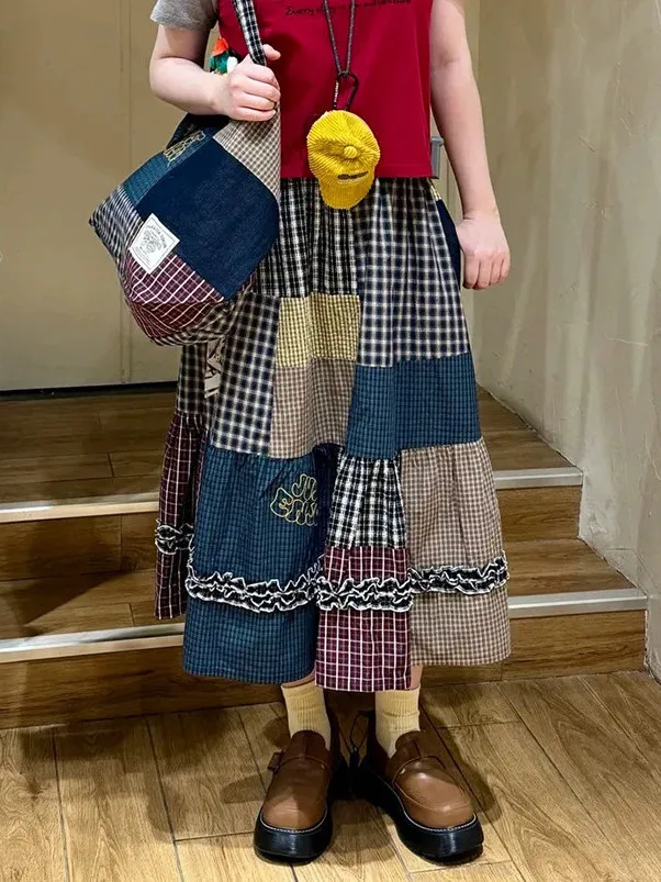 

Spring Summer New Style Japanese Retro NK Sweet Versatile Hem Wood Grain Ear Elastic Waist Plaid Splicing Skirt Women