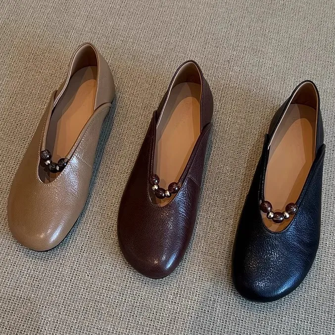 

Женские лоферы с украшением из бисера в стиле ретро, туфли Мэри Джейн на плоской подошве с круглым носком, удобная повседневная обувь на мелкой мягкой подошве