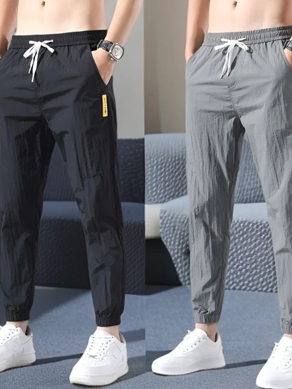 

Ice Silk Men's Summer Loose Fit Elastic Waist Trousers Thin 9-Piece Summer Casual Pants Polyester Fiber All-Season Wear