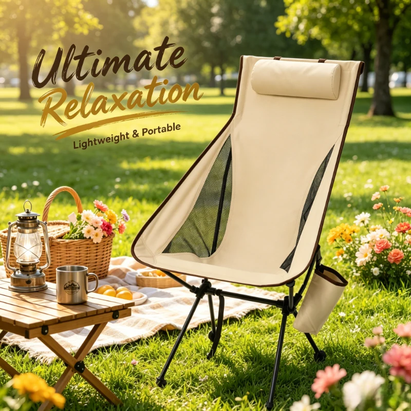 Lightweight Folding Camping Chair, Aluminum Alloy Frame with Padded Headrest, Portable Seat for Fishing & Outdoor Use