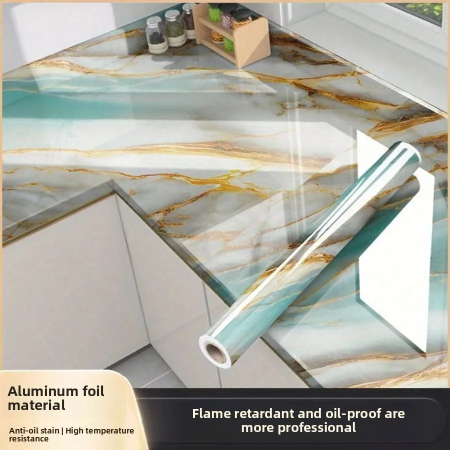 Cuisine Decor Aluminium Foil Marble Thick Waterproof Self Adhesive Wallpaper Muebles Oil Proof Kitchen Cabinets Stove Stickers